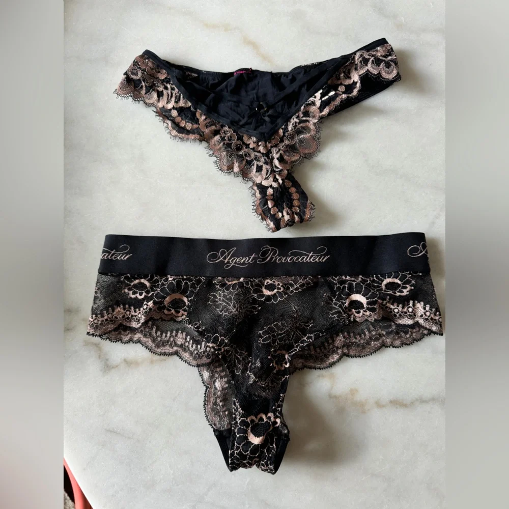 Agent Provocateur Aston Black & Pink Lace Brief & Thong Set Medium Size 2